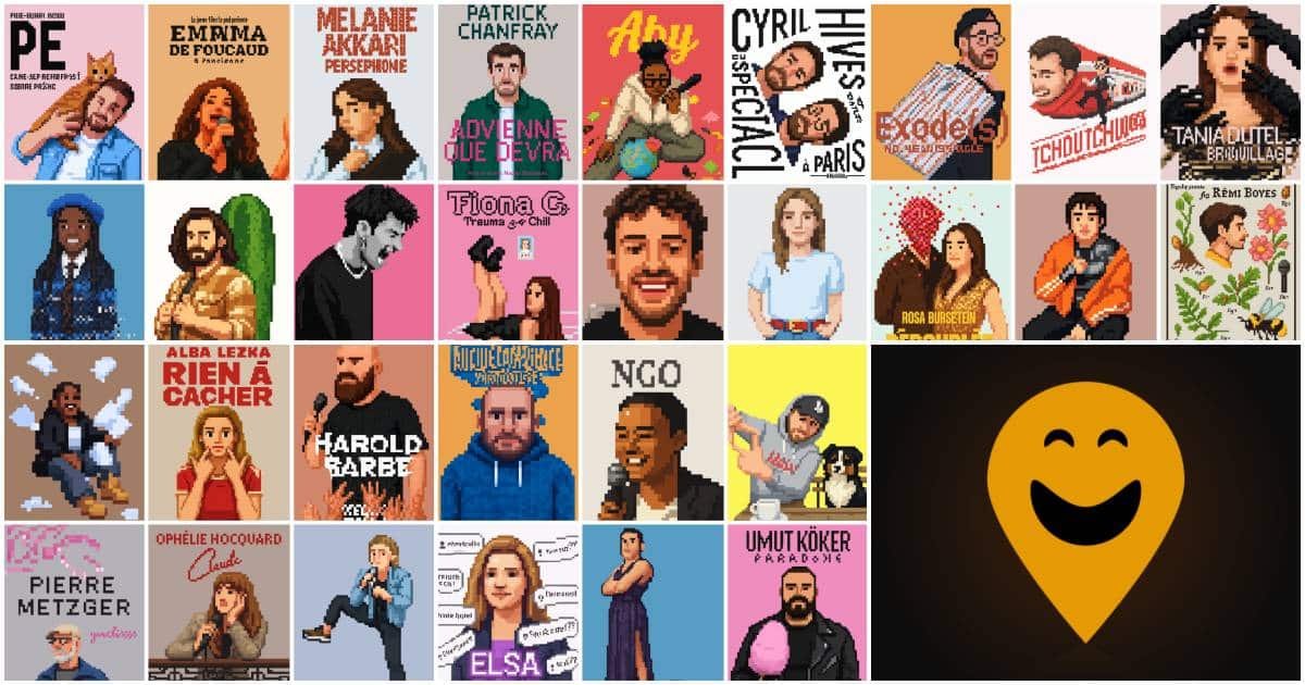 Le top 50 des spectacles humour de la rentrée 2026 : image d’illustration avec des affiches d’humoristes pixellisées et le logo du spot du rire