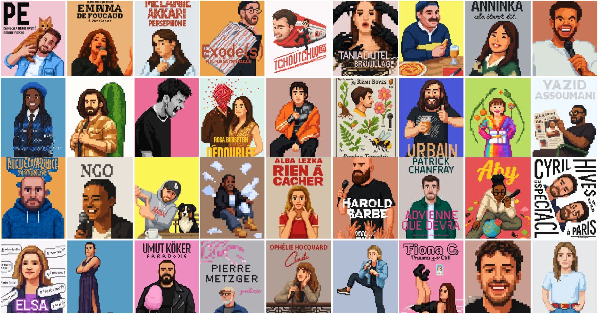 Le top 50 des spectacles humour de la rentrée 2026 : image d’illustration avec des affiches d’humoristes pixellisées